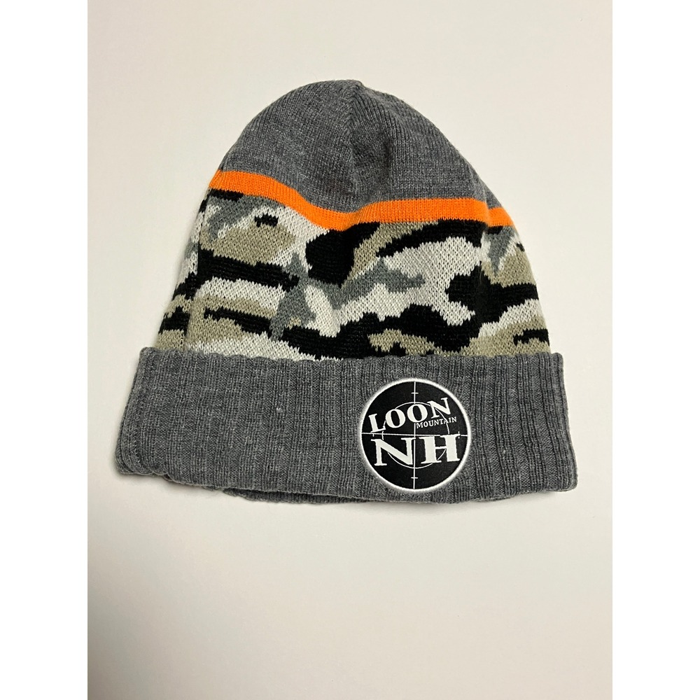New Era Loon Mountain NH Camo Knit Cuffed Beanie Hat Grey Orange "Loon Everyday"